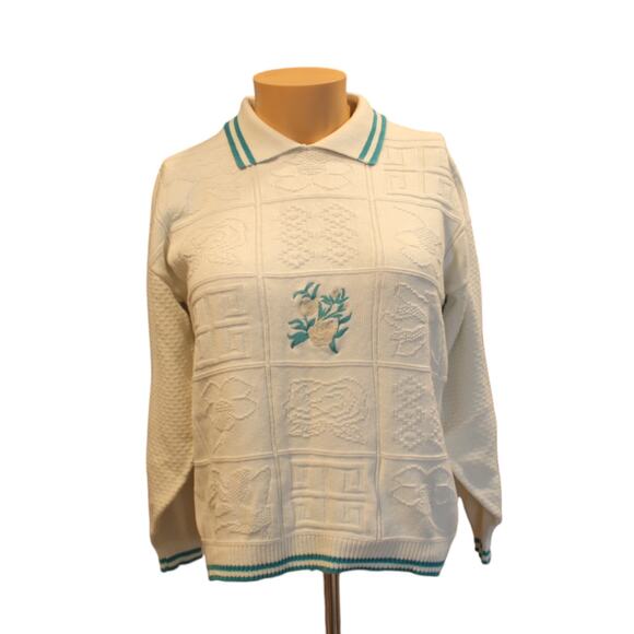 Vintage 80s White Floral Knit Preppy Collegiate Striped Hem Sweater Size Large - Picture 1 of 15